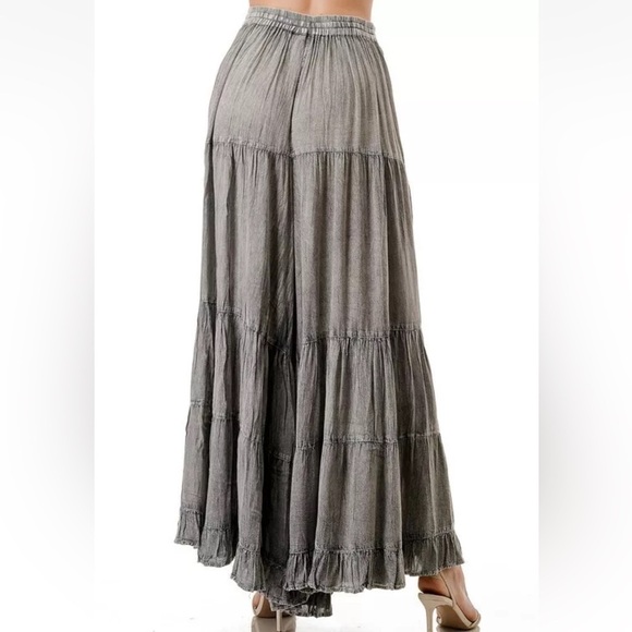 Anandas Boho Tiered Wide Leg Palazzo Pants Size M Grey Festival Beachy Pull On - Picture 3 of 13